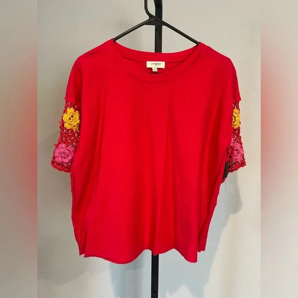 Umgee Red Crochet‎ Sleeve Top Oversized Small